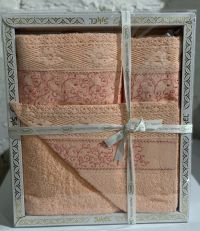 Набор персиковых махровых полотенец Sikel (3 шт) с кружевом Verona