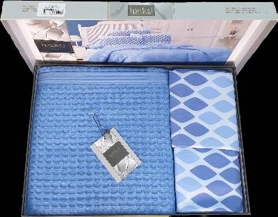 Купить голубое постельное белье ранфорс с покрывалом на подарок