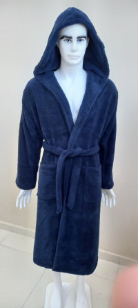 Мужской халат длинный с капюшоном темно-синий Welsoft