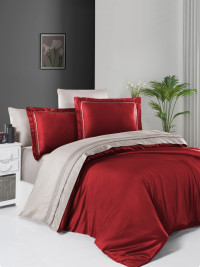 Двухцветное постельное белье красный/песочный сатин de luxe