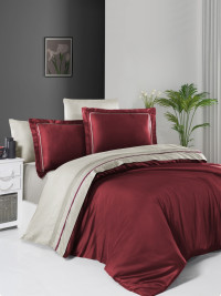 Двухцветное постельное белье красный/бежевый сатин de luxe