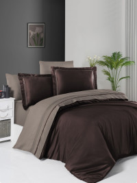 Двухцветное постельное белье коричневый/серый сатин de luxe