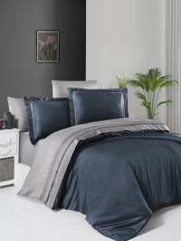 Двухцветное постельное белье темно синий/серый сатин de luxe