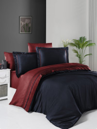 Двухцветное постельное белье синий/красный сатин de luxe