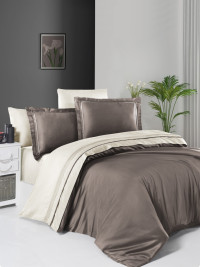 Двухцветное постельное белье серый/кремовый сатин de luxe