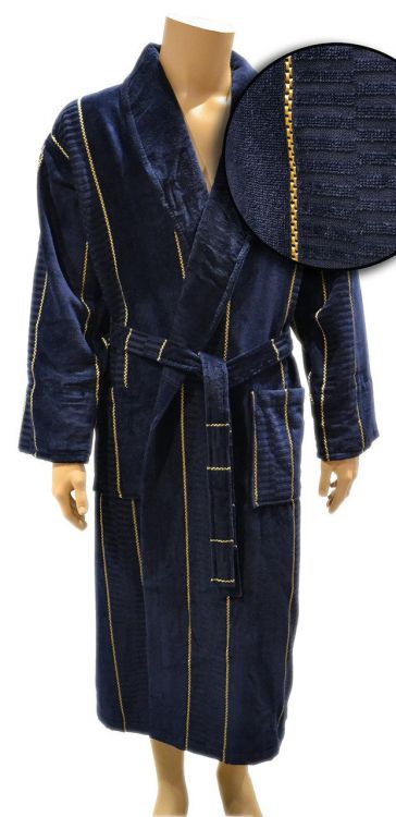 Велюровый мужской длинный халат синий с полоской