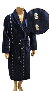 Велюровый мужской длинный халат синий с доларом