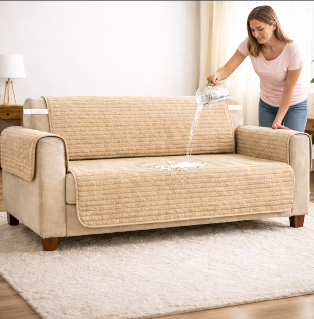 Непромокаемая накидка Premium на диваны и кресла из мебельного велюра бежевая