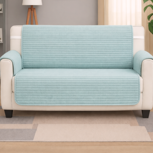 Защитная накидка на 4 месный диван из мебельного велюра небесно - голубая