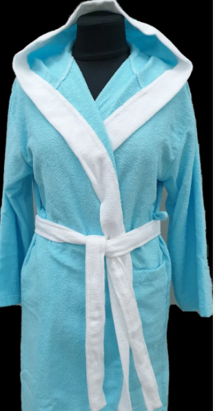 Женский хлопковый короткий халат S/M/L ярко голубой с белым