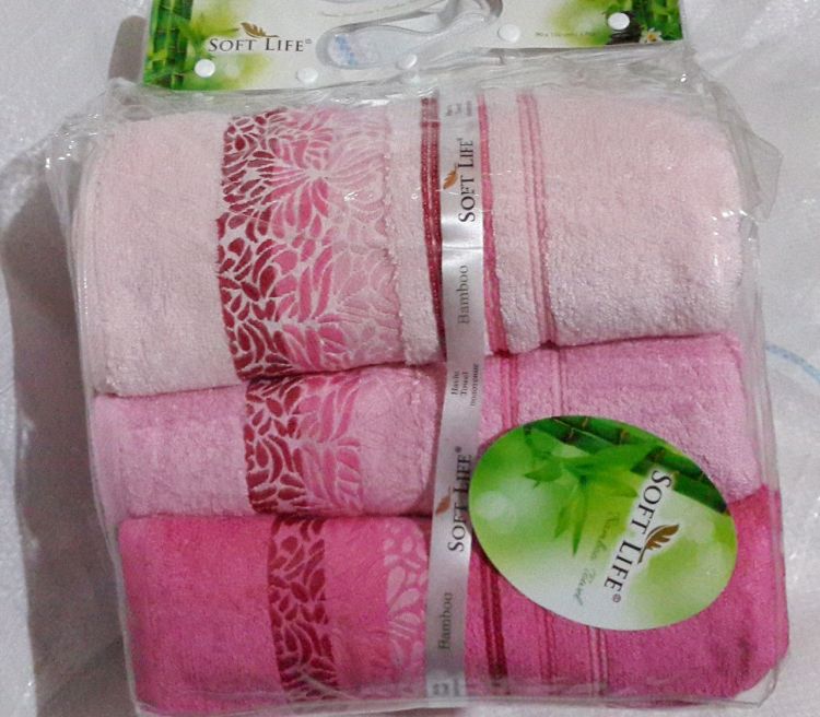 Махровые полотенца 90*150-3шт Soft Life розовые, бамбук в упаковке