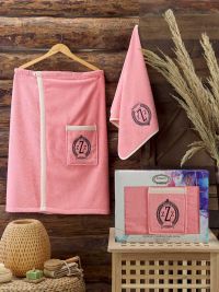 Женский набор в сауну с полотенцем розовый, махра-велюр