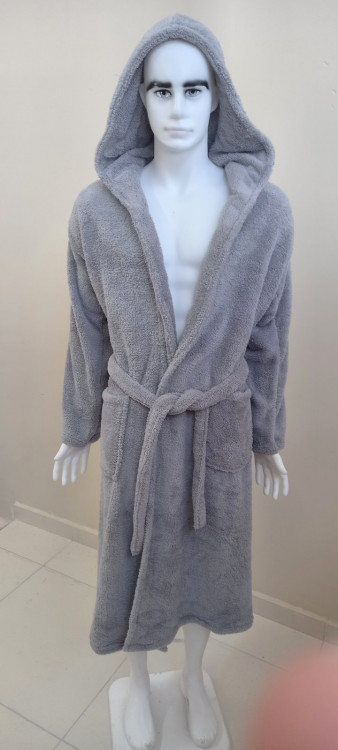 Мужской халат длинный с капюшоном серый Welsoft
