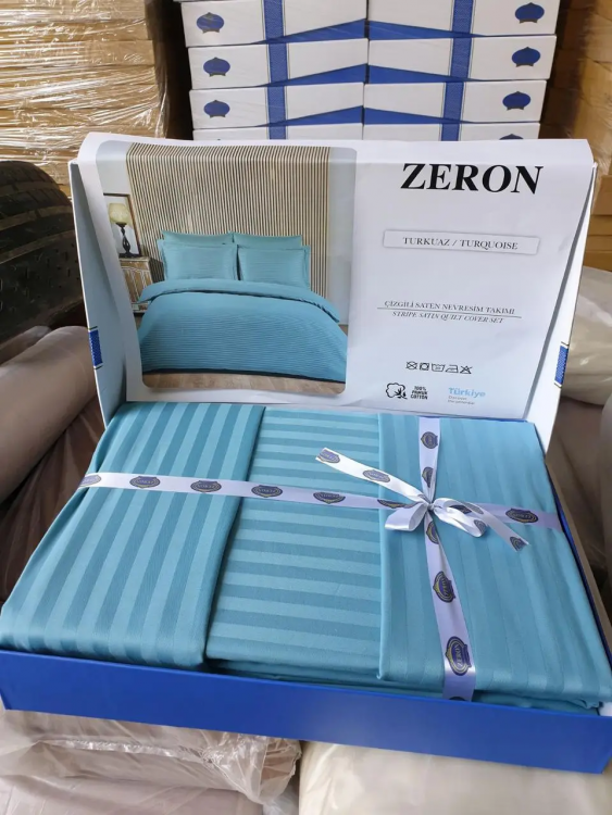 Однотонное постельное белье бирюзовое Horizontal Stripe Sateen Turkuaz на подарок