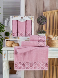 Темно розовые махровые полотенца в наборе 3 шт Anita gulkurusu