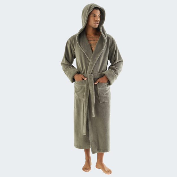 Мужской халат Nusa ns 7230 haki с капюшоном велюр/махра хаки Мужской халат Nusa ns 7230 haki с капюшоном велюр/махра хаки