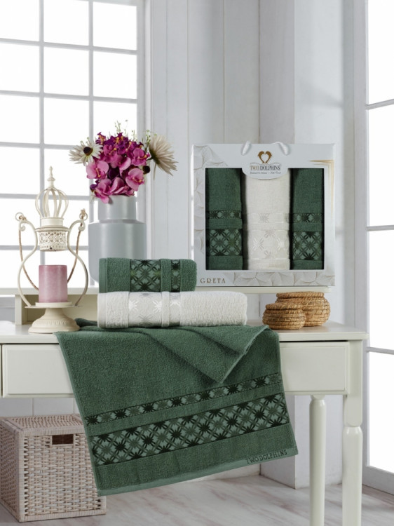 Зеленые махровые полотенца в наборе 3 шт Greta yesil