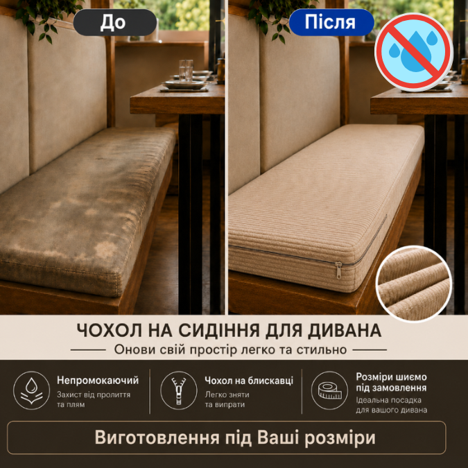 Непромокаемый чехол на сиденье дивана кафе и ресторанов из мебельного велюра Slavich бежевый 2 Непромокаемый чехол на сиденье дивана кафе и ресторанов из мебельного велюра Slavich бежевый 2