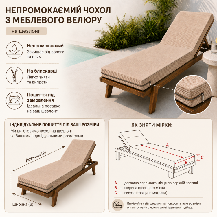 Непромокаемый чехол на шезлонг мебельный велюр на молнии 2 Непромокаемый чехол на шезлонг мебельный велюр на молнии 2