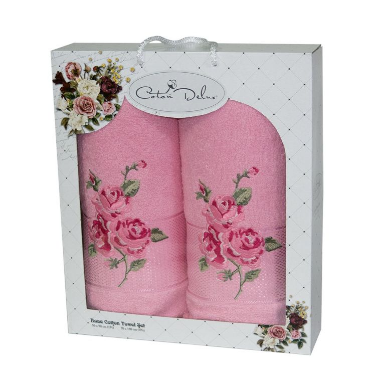 Набор махровых полотенец  розовый с розой  на подарок