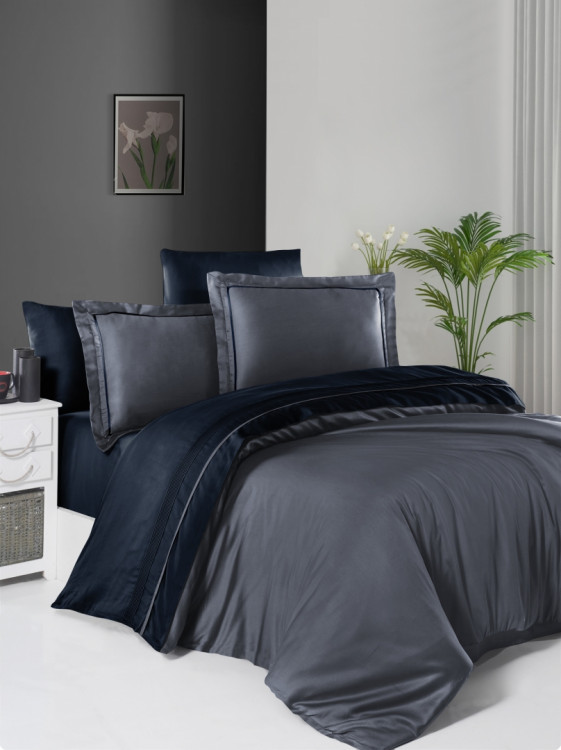 Двухцветное постельное белье серый/синий сатин de luxe