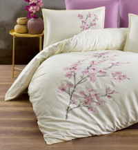 Постельный комплект лиловый сатин делюкс с вышивкой Цветы