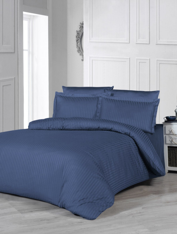 Однотонное синее постельное белье Vertical Stripe Sateen Lacivert