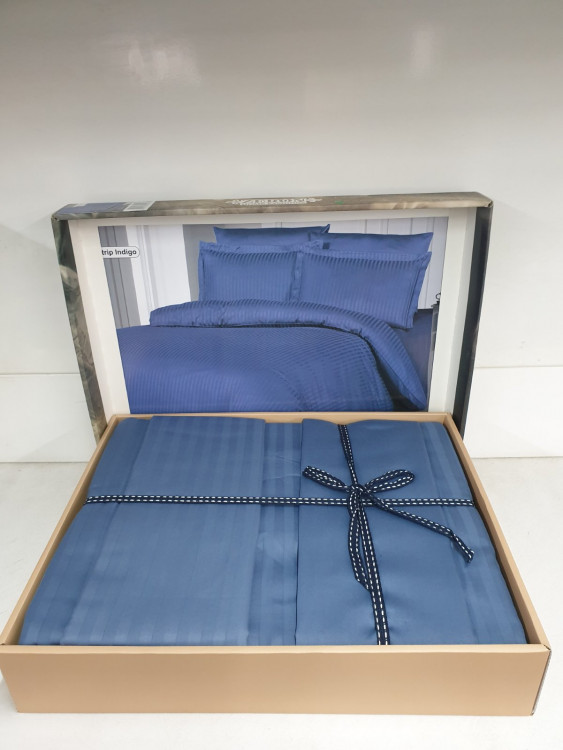 Однотонное синее постельное белье Vertical Stripe Sateen Lacivert на аодарок