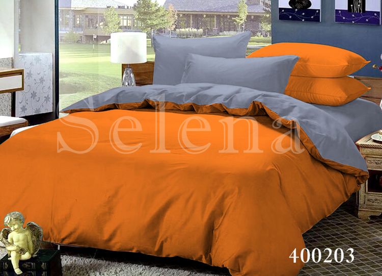 Комплект постельного белья поплин Серо-Оранжевый