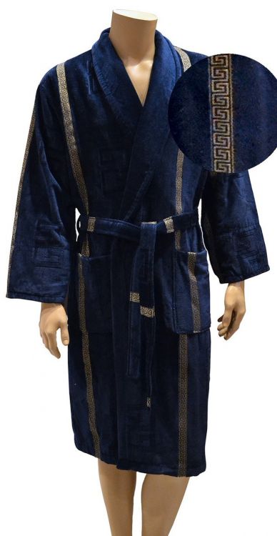 Велюровый мужской длинный халат синий с узором