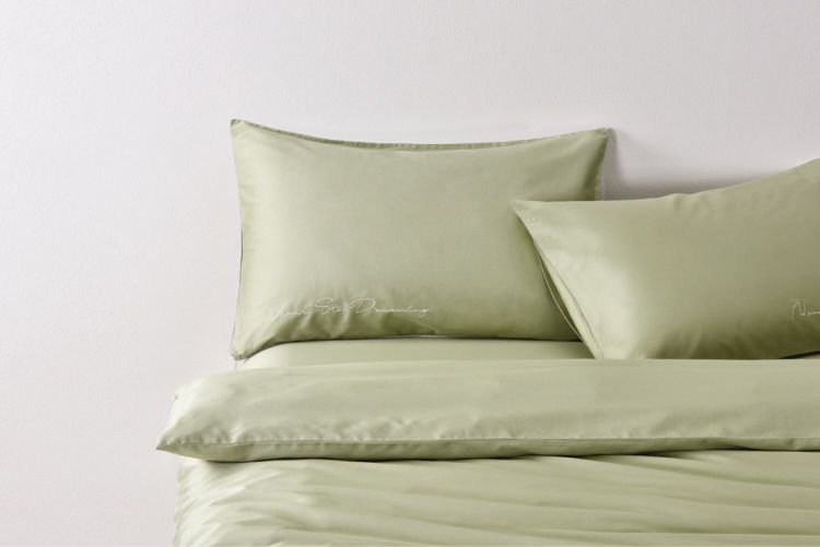 Светло зеленое постельное белье с вышивкой T-0008 сатин